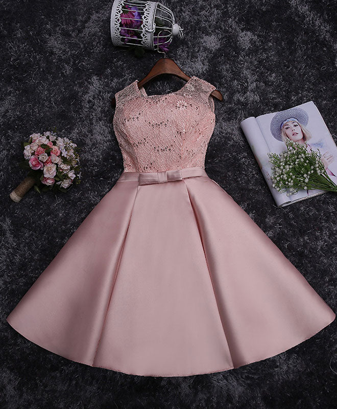 Sleeveless Scoop Neck Lace Satin Short Homecoming Dress With Bow Waist & Lace-Up Back