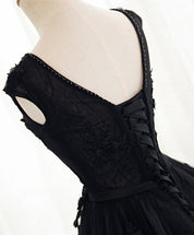 A-Line Cap Sleeve Black Tulle Prom Dress With Floral Lace Appliqué & Satin Waistband