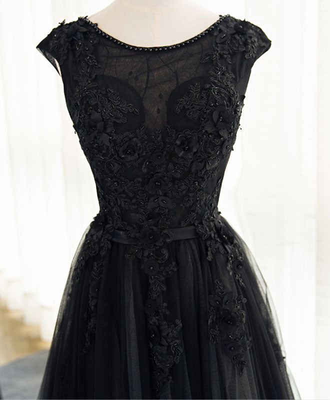 A-Line Cap Sleeve Black Tulle Prom Dress With Floral Lace Appliqué & Satin Waistband