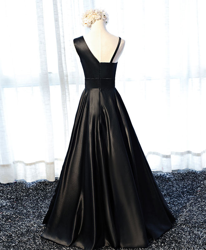 Elegant A-line V Neck Floor-Length Satin Prom Dress with Spaghetti Straps & Back Zipper