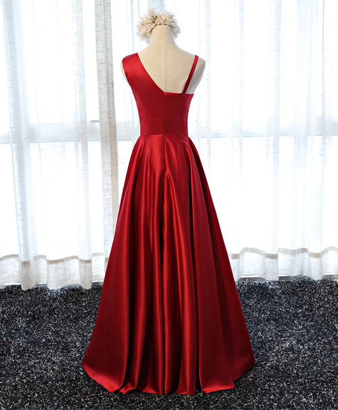 Elegant A-line V Neck Floor-Length Satin Prom Dress with Spaghetti Straps & Back Zipper