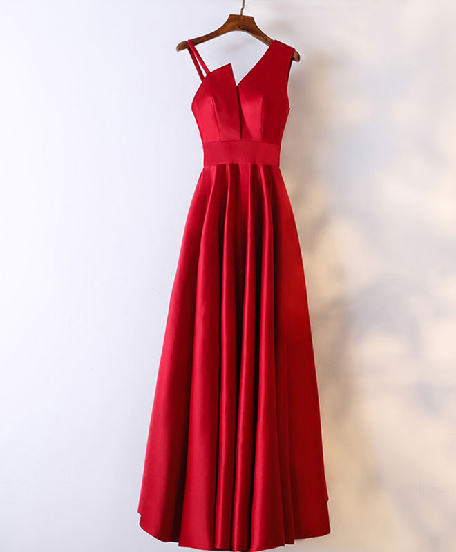 Elegant A-line V Neck Floor-Length Satin Prom Dress with Spaghetti Straps & Back Zipper