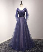 A-Line V-Neck Floor-Length Tulle Prom Dress with Sheer Flutter Sleeves
