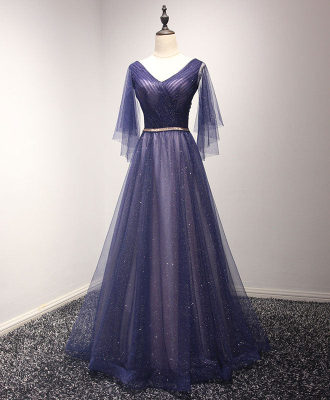 A-Line V-Neck Floor-Length Tulle Prom Dress with Sheer Flutter Sleeves