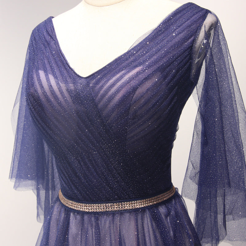 A-Line V-Neck Floor-Length Tulle Prom Dress with Sheer Flutter Sleeves