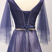 A-Line V-Neck Floor-Length Tulle Prom Dress with Sheer Flutter Sleeves