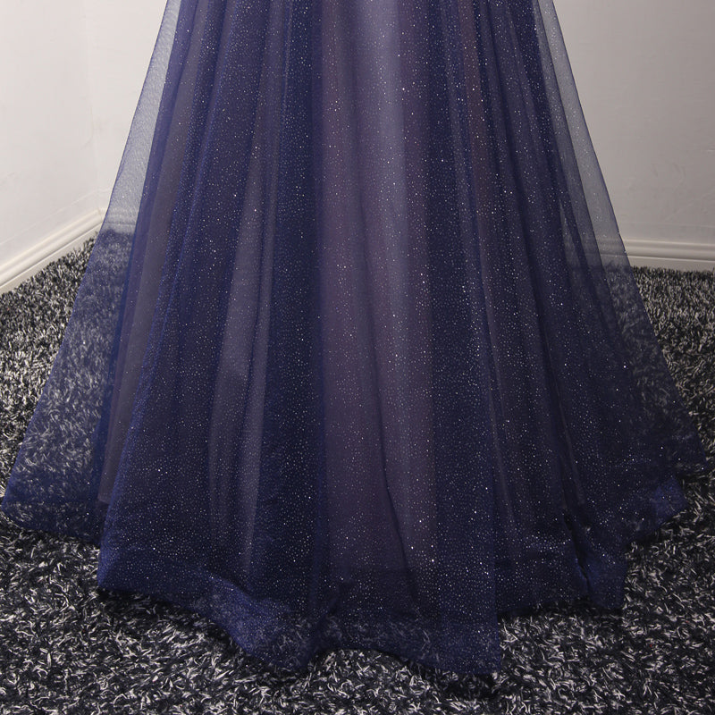 A-Line V-Neck Floor-Length Tulle Prom Dress with Sheer Flutter Sleeves