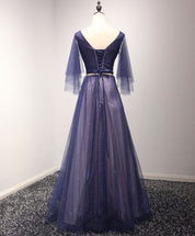 A-Line V-Neck Floor-Length Tulle Prom Dress with Sheer Flutter Sleeves