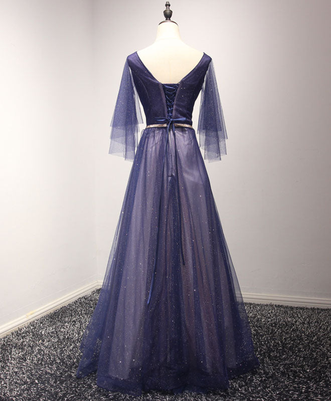 A-Line V-Neck Floor-Length Tulle Prom Dress with Sheer Flutter Sleeves