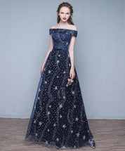 A-Line Off-the-Shoulder Floor-Length Sequin Satin Prom Dress with Star Pattern