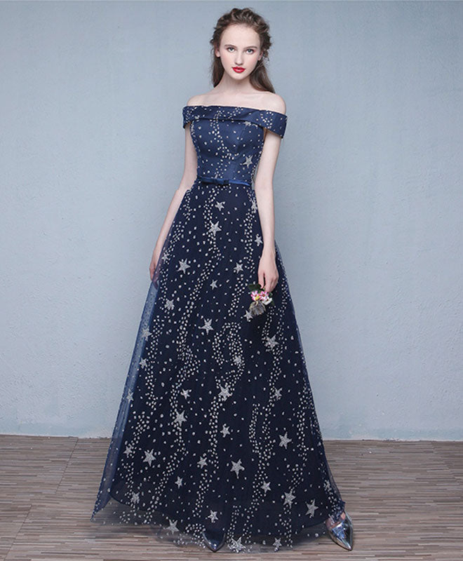 A-Line Off-the-Shoulder Floor-Length Sequin Satin Prom Dress with Star Pattern
