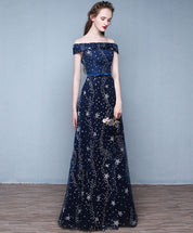 A-Line Off-the-Shoulder Floor-Length Sequin Satin Prom Dress with Star Pattern