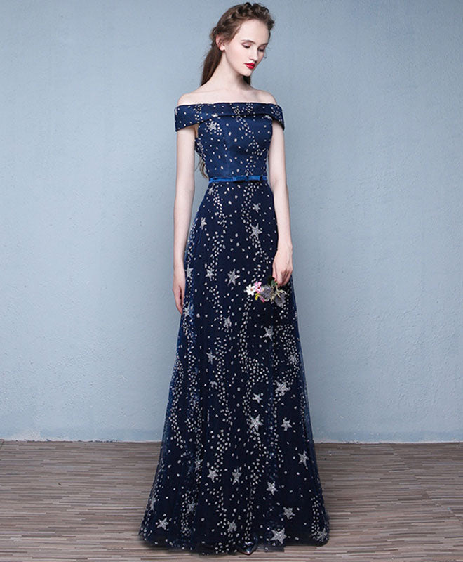 A-Line Off-the-Shoulder Floor-Length Sequin Satin Prom Dress with Star Pattern