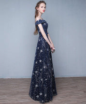 A-Line Off-the-Shoulder Floor-Length Sequin Satin Prom Dress with Star Pattern