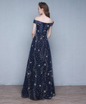 A-Line Off-the-Shoulder Floor-Length Sequin Satin Prom Dress with Star Pattern