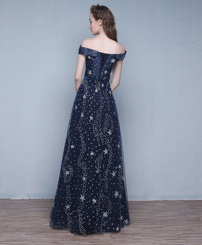 A-Line Off-the-Shoulder Floor-Length Sequin Satin Prom Dress with Star Pattern