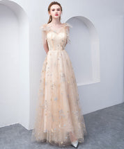 A-line V Neck Floor-Length Tulle & Lace Prom Dress with Star Embroidery