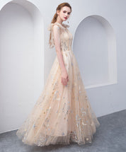 A-line V Neck Floor-Length Tulle & Lace Prom Dress with Star Embroidery