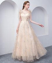 A-line V Neck Floor-Length Tulle & Lace Prom Dress with Star Embroidery