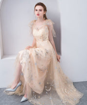 A-line V Neck Floor-Length Tulle & Lace Prom Dress with Star Embroidery