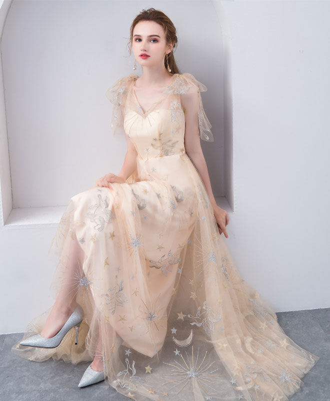 A-line V Neck Floor-Length Tulle & Lace Prom Dress with Star Embroidery