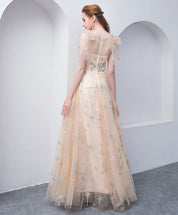 A-line V Neck Floor-Length Tulle & Lace Prom Dress with Star Embroidery