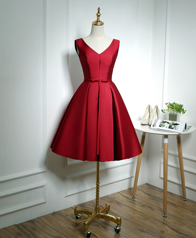 V-Neck A-line Satin Short Homecoming Dress with Lace-Up Back and Bow Detail