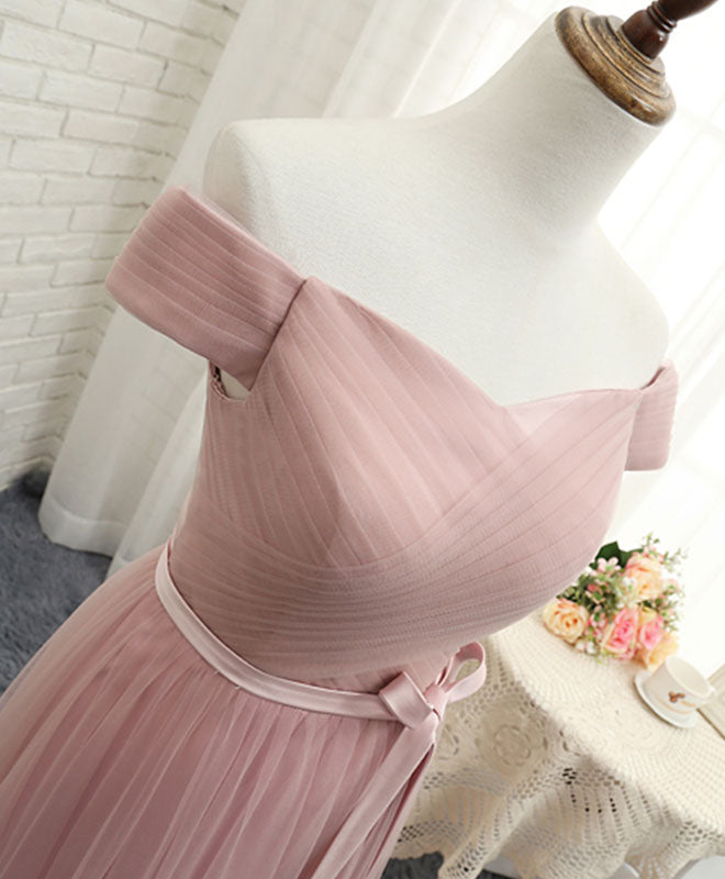 Pink Off Shoulder A-line Long Tulle Prom Gown | Elegant Bridesmaid