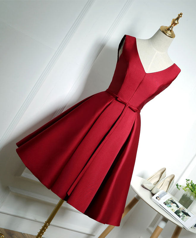 V-Neck A-line Satin Short Homecoming Dress with Lace-Up Back and Bow Detail