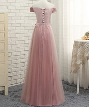 Pink Off Shoulder A-line Long Tulle Prom Gown | Elegant Bridesmaid