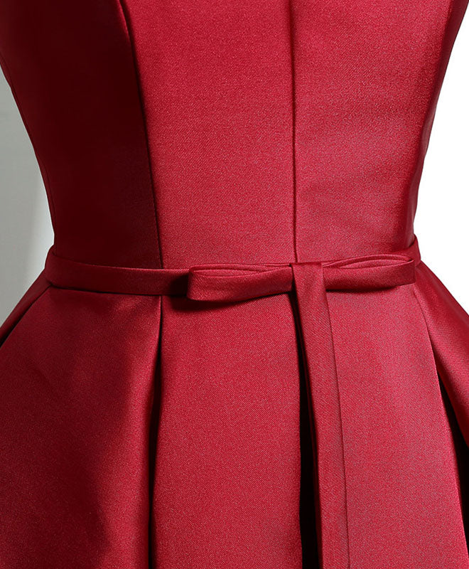 V-Neck A-line Satin Short Homecoming Dress with Lace-Up Back and Bow Detail