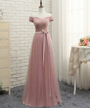 Pink Off Shoulder A-line Long Tulle Prom Gown | Elegant Bridesmaid