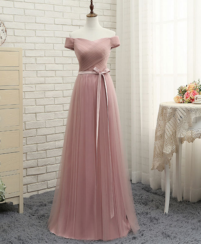 Pink Off Shoulder A-line Long Tulle Prom Gown | Elegant Bridesmaid