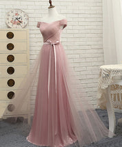 Pink Off Shoulder A-line Long Tulle Prom Gown | Elegant Bridesmaid