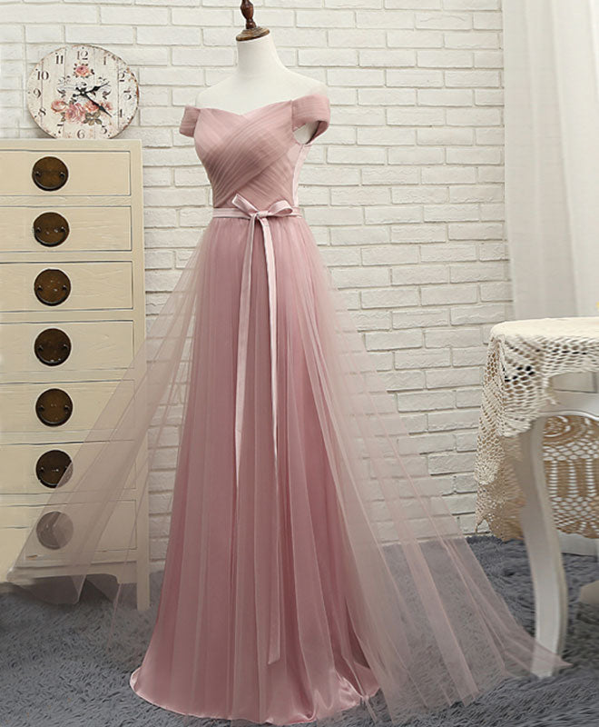 Pink Off Shoulder A-line Long Tulle Prom Gown | Elegant Bridesmaid