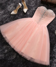 A-Line Sweetheart Neckline Knee-Length Tulle & Satin Beaded Homecoming Dress in Blush Pink