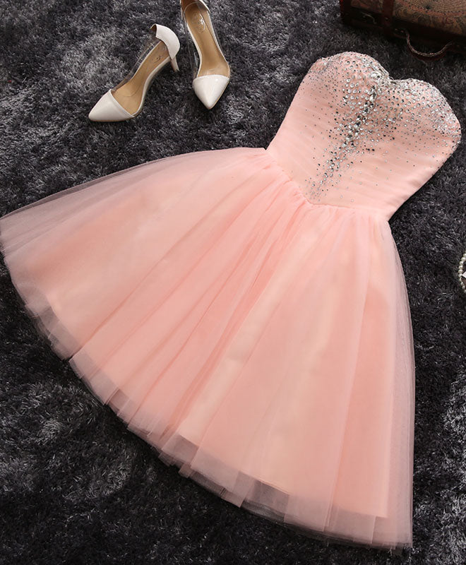 A-Line Sweetheart Neckline Knee-Length Tulle & Satin Beaded Homecoming Dress in Blush Pink