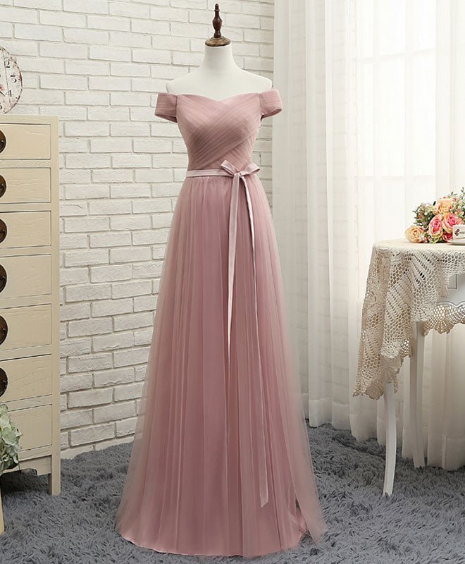 Pink Off Shoulder A-line Long Tulle Prom Gown | Elegant Bridesmaid
