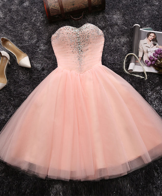 A-Line Sweetheart Neckline Knee-Length Tulle & Satin Beaded Homecoming Dress in Blush Pink