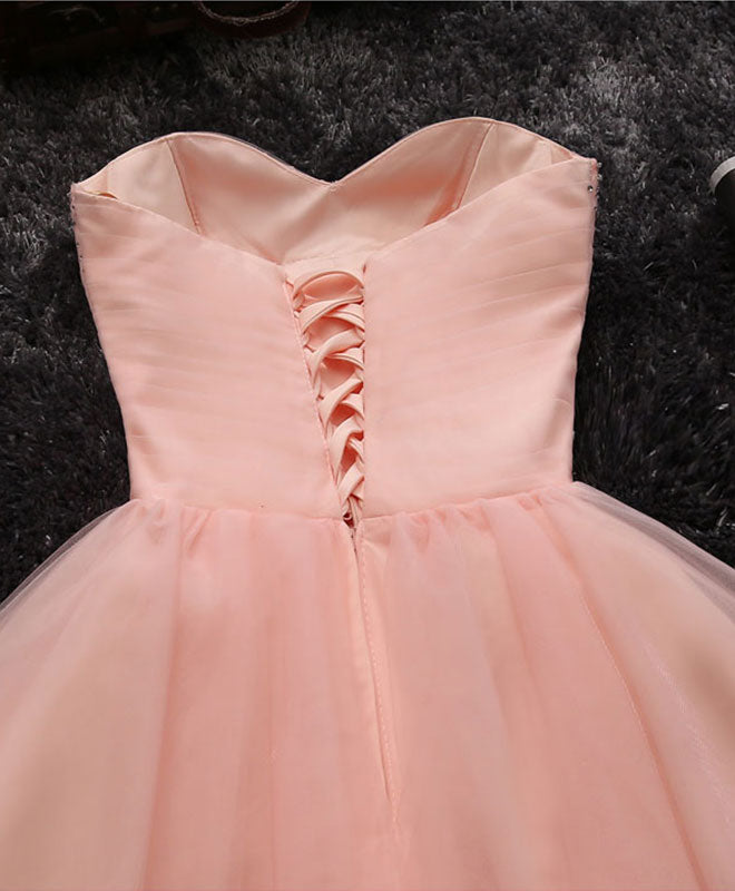 A-Line Sweetheart Neckline Knee-Length Tulle & Satin Beaded Homecoming Dress in Blush Pink