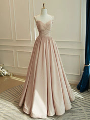 A-Line V Neck Taffeta Champagne Long Prom Dress, Champagne Long Evening Dress