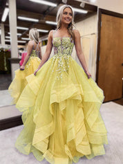 Ball Gown Lavender Square Neck Floor-Length Tulle Prom Dress with Lace Appliqué