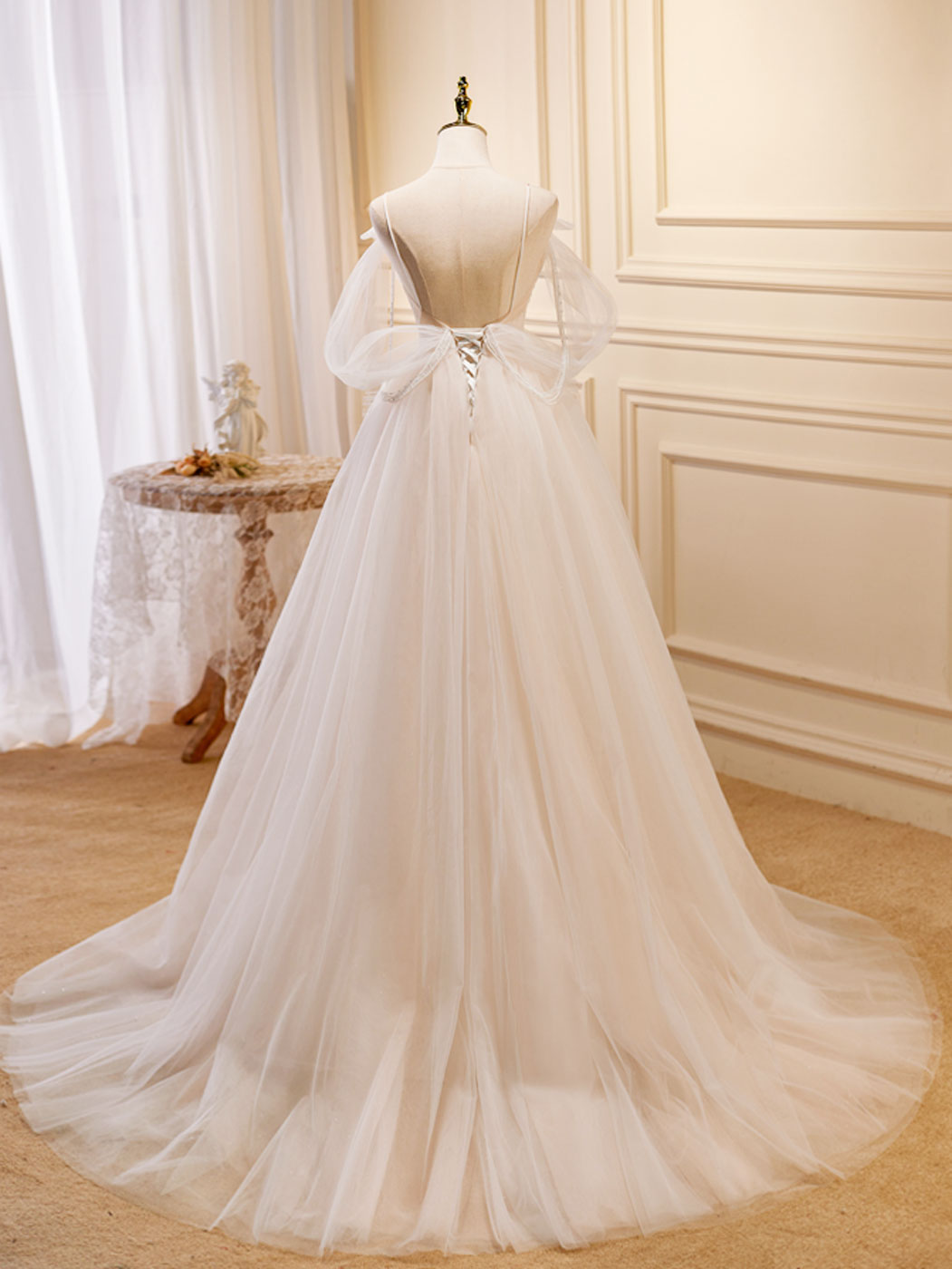 A-Line Off-the-Shoulder Floor-Length Ivory Tulle Prom Dress with Sheer Lace Corset Bodice