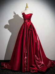 Ball Gown Straight Neck Floor-Length Water Satin Floral Prom Dress in Burgundy