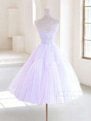 A-Line Straight Neckline Knee-Length Lavender Tulle Homecoming Dress with Illusion Bodice