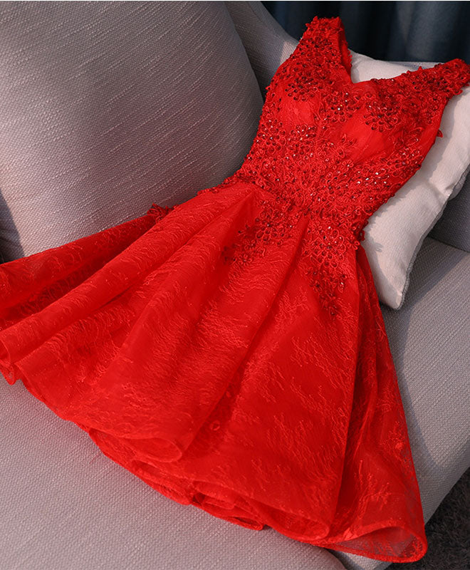 Beaded Lace A-Line Homecoming Dress – V-Neck Sleeveless Prom Cocktail Party Gown