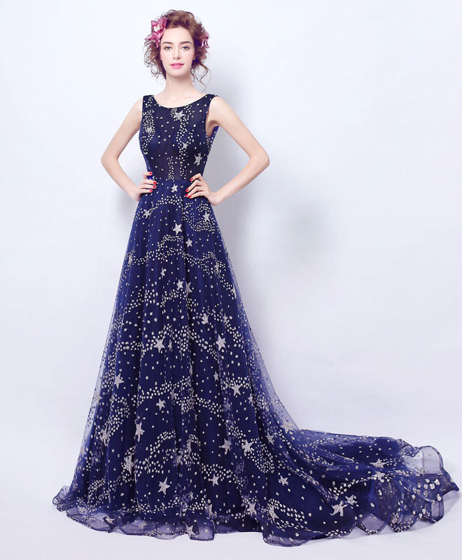A-Line Scoop Neck Floor-Length Star Sequin Tulle Prom Dress