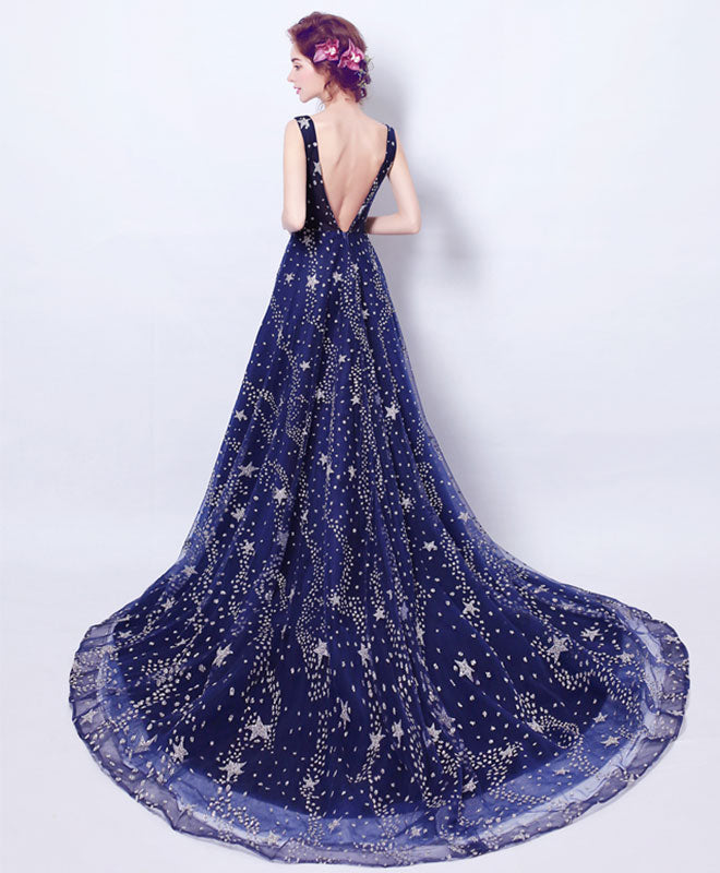 A-Line Scoop Neck Floor-Length Star Sequin Tulle Prom Dress