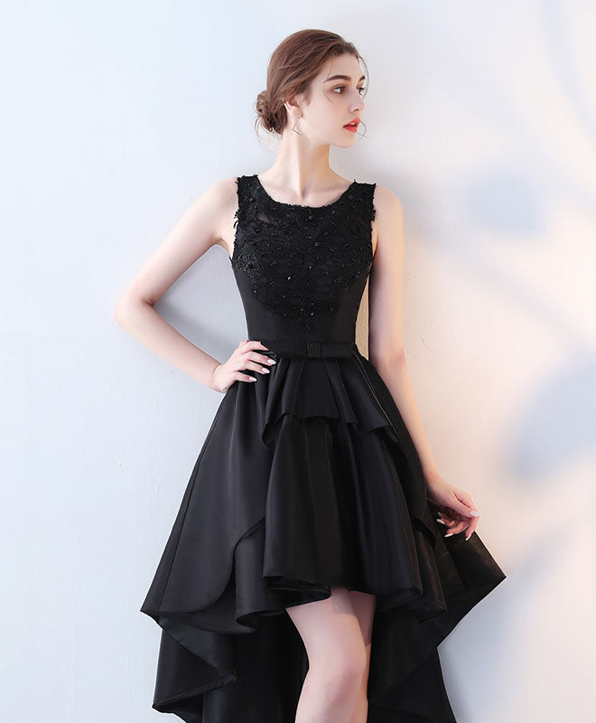 A-Line Scoop Neck High-Low Satin & Lace Homecoming Dress with Layered Skirt