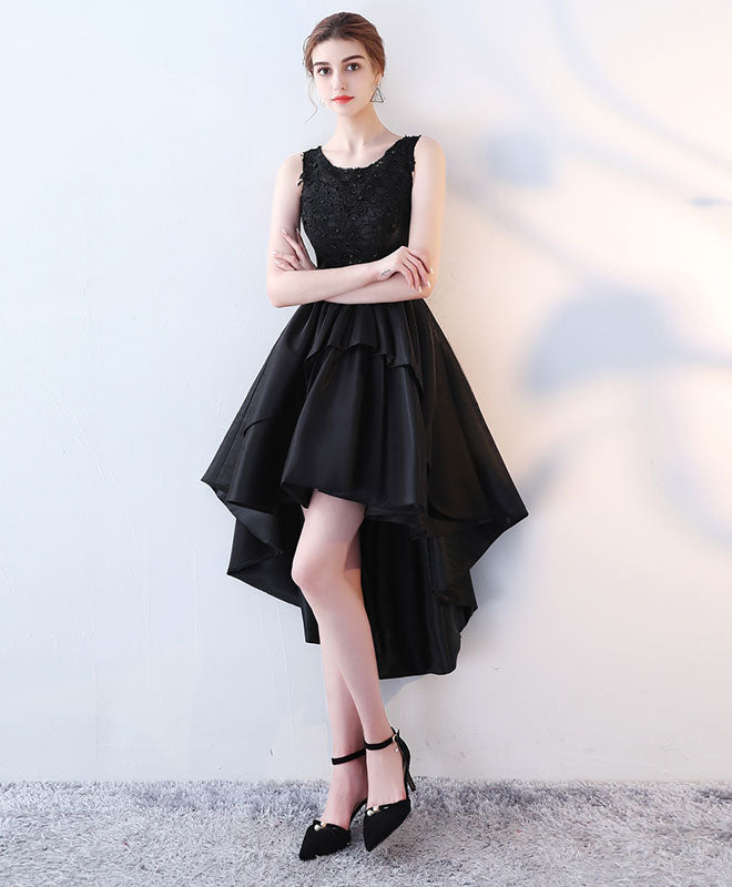 A-Line Scoop Neck High-Low Satin & Lace Homecoming Dress with Layered Skirt